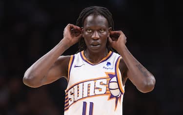 PHOENIX, ARIZONA - OCTOBER 10: Bol Bol #11 of the Phoenix Suns checks into the second half of the NBA game against the Denver Nuggets at Footprint Center on October 10, 2023 in Phoenix, Arizona. NOTE TO USER: User expressly acknowledges and agrees that, by downloading and or using this photograph, User is consenting to the terms and conditions of the Getty Images License Agreement.  (Photo by Christian Petersen/Getty Images)