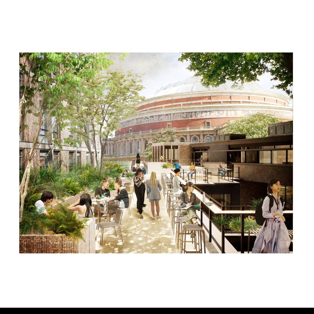 Architectural render of the Royal Collect of Art. Terrace View. Image Witherford Watson Mann Architects