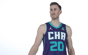 CHARLOTTE, NC - DECEMBER 7: Gordon Hayward #20 of the Charlotte Hornets poses for a portrait during NBA content day at the Spectrum Center on December 7, 2020 in Charlotte, North Carolina. NOTE TO USER: User expressly acknowledges and agrees that, by downloading and or using this photograph, User is consenting to the terms and conditions of the Getty Images License Agreement. Mandatory Copyright Notice:  Copyright 2020 NBAE (Photo by Kent Smith/NBAE via Getty Images)