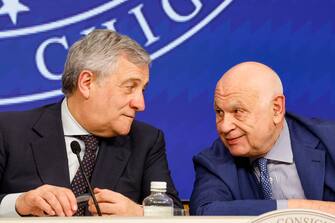 Italian Foreign Minister and Deputy Prime Minister Antonio Tajani (L) and Italian Justice Minister Carlo Nordio during a press conference at the end of a cabinet meeting at Chigi Palace, Rome 15 June 2023. ANSA/FABIO FRUSTACI.