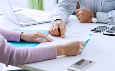 Young woman having a business meeting with an executive in his office, he is pointing on a contract and giving explanations