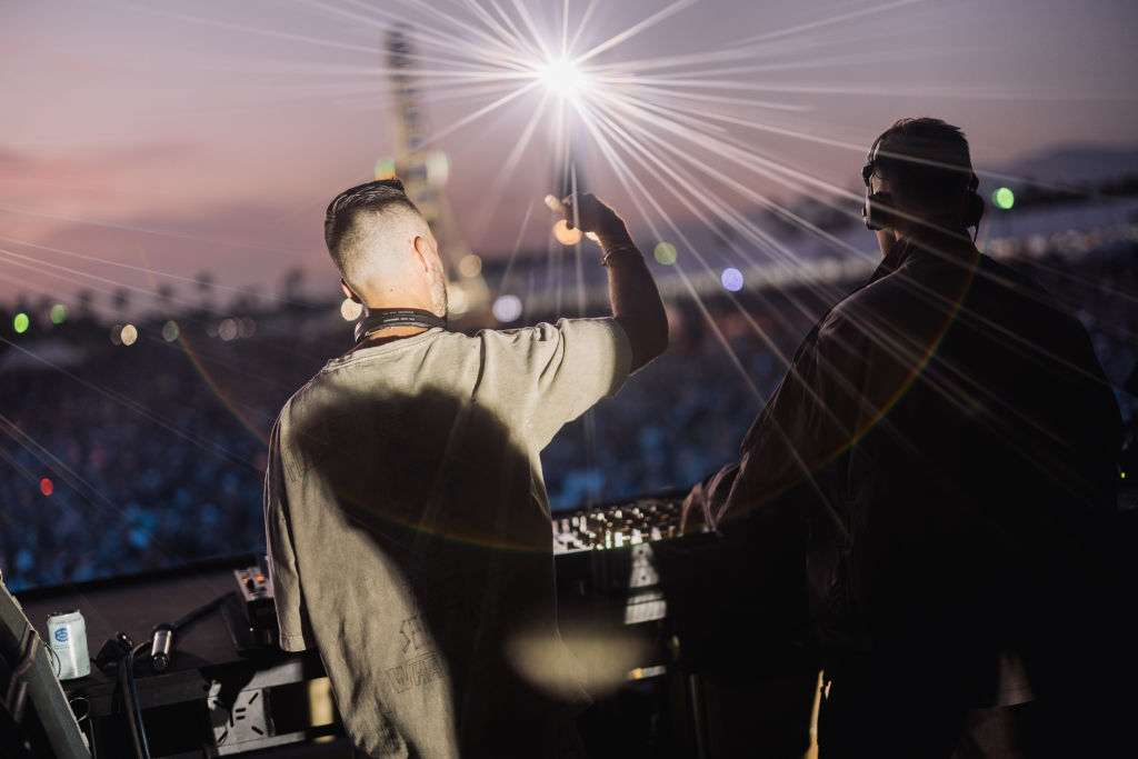 INDIO, CALIFORNIA - APRIL 19: (FOR EDITORIAL USE ONLY) Jon George and James Hunt of RÃ¼fÃ¼s Du Sol perform at the Quasar stage at the 2024 Coachella Valley Music And Arts Festival weekend 2 day 1 at Empire Polo Club on April 19, 2024 in Indio, California. (Photo by Matt Winkelmeyer/Getty Images for Coachella)