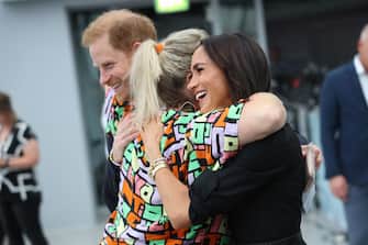 DUESSELDORF, GERMANY - SEPTEMBER 12: Prince Harry, Duke of Sussex and Meghan, Duchess of Sussex meet friends and family members of competitors at the "Friends @ Home Event" at the Station Airport during day three of the Invictus Games DÃ¼sseldorf 2023 on September 12, 2023 in Duesseldorf, Germany. (Photo by Chris Jackson/Getty Images for the Invictus Games Foundation)