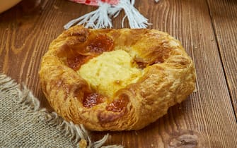 Sklandrausis, Latvian cuisine,  sweet pie, made of rye dough and filled with potato and carrot, Traditional assorted dishes, Top view.