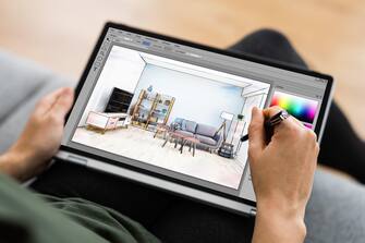 Interior Designer Woman Drawing Project Sketch On Tablet