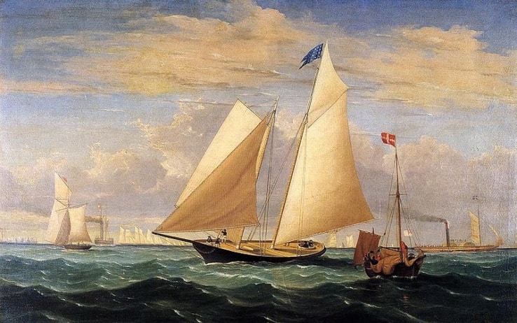 Lo yacht "America", che vinse la prima edizione nella riproduzione del quadro di Fitz Hugh Lane Lo yacht "America", che vinse la prima edizione nella riproduzione del quadro di Fitz Hugh Lane