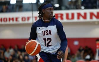 LAS VEGAS, NV - JULY 8:   Jrue Holiday #12 of the USAB Mens Team handles the ball during the USAB Men’s Training Camp on July 8, 2024 at UNLV in Las Vegas, Nevada. NOTE TO USER: User expressly acknowledges and agrees that, by downloading and or using this photograph, User is consenting to the terms and conditions of the Getty Images License Agreement. Mandatory Copyright Notice: Copyright 2024 NBAE (Photo by Mercedes Oliver/NBAE via Getty Images)