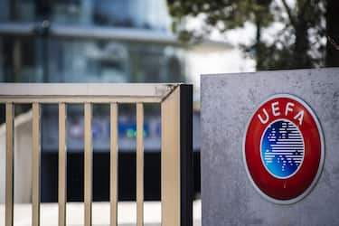 The UEFA logo is pictured at the entrance of the UEFA Headquarters, in Nyon, Switzerland, 17 March 2020. ansa/JEAN-CHRISTOPHE BOTT