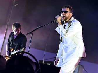 INDIO, CALIFORNIA - APRIL 20: (FOR EDITORIAL USE ONLY) (L-R) Graham Coxon and Damon Albarn of Blur perform at the Coachella Stage during the 2024 Coachella Valley Music and Arts Festival at Empire Polo Club on April 20, 2024 in Indio, California. (Photo by Theo Wargo/Getty Images for Coachella)