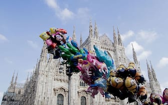 People celebrate carnival in piazza del Duomo in Milan, on 13th February. (Photo by Mattia Gravili/NurPhoto) (Photo by NurPhoto/NurPhoto via Getty Images)
