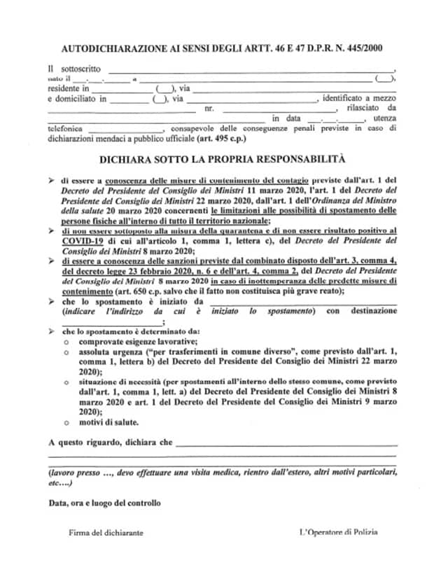 modulo di autocertificazione