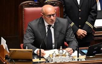 Il vice presidente della Camera, Fabrizio Rampelli, durante la seduta con la votazione di Fiducia per decreto Omnibus presso la Camera dei deputati. Roma, 28 settembre 2023. ANSA/CLAUDIO PERI
