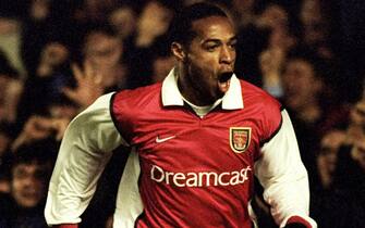 2 Mar 2000:   Thierry Henry of Arsenal celebrates during the UEFA Cup fourth round first leg game played at Highbury in London. The match finished 5-1 to Arsenal. \ Mandatory Credit: Stu Forster /Allsport