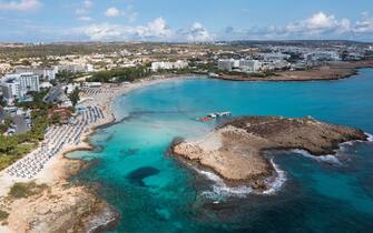 Panoramic aerial view of Nissi Beach, Ayia Napa, Cyprus.