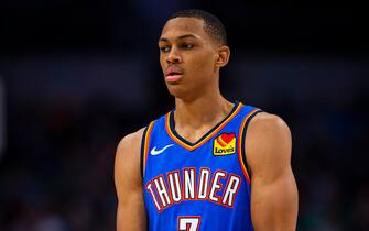 DALLAS, TX - OCTOBER 14: Darius Bazley #7 of the Oklahoma City Thunder looks on during a pre-season game against the Dallas Mavericks on October 14, 2019 at  American Airlines Center in Dallas, TX. NOTE TO USER: User expressly acknowledges and agrees that, by downloading and or using this photograph, User is consenting to the terms and conditions of the Getty Images License Agreement. Mandatory Copyright Notice: Copyright 2019 NBAE (Photo by Zach Beeker/NBAE via Getty Images)