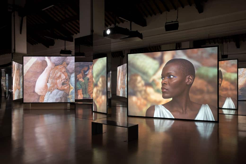 Installation view, Isaac Julien, All That Changes You. Metamorphosis, Palazzo Te, Mantova, 4 October 2025 – 01 February 2026. Courtesy the artist, Victoria Miro and Jessica Silverman. © The artist. Photo: Andrea Rossetti / Palazzo Te