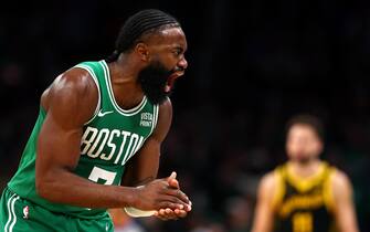 BOSTON, MASSACHUSETTS - MARCH 03: Jaylen Brown #7 of the Boston Celtics celebrates during the second quarter against the Golden State Warriors at TD Garden on March 03, 2024 in Boston, Massachusetts. NOTE TO USER: User expressly acknowledges and agrees that, by downloading and or using this photograph, user is consenting to the terms and conditions of the Getty Images License Agreement.  (Photo by Maddie Meyer/Getty Images)