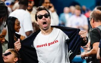 PARIS, FRANCE - AUGUST 10: Comedian and host Jimmy Fallon gestures during the Men's basketball medal ceremony after Men's Gold Medal between France and United States on Bercy Arena during the Paris 2024 Olympics Games on August 10, 2024 in Paris, France. (Photo By Manu Reino/Europa Press via Getty Images)