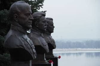VOLGOGRAD, RUSSIA - FEBRUARY 01: A view of the busts of WWII military leaders Zhukov, Stalin and Vasilevsky at the Stalingrad Museum-Panorama Complex on the 80th anniversary of Stalingrad Battle marked with various events in Volgograd, Russia on February 01, 2023. The Battle of Stalingrad, a symbol of World War II, was concluded with the victory of Russia against Germany in 1943. (Photo by Vladimir Aleksandrov/Anadolu Agency via Getty Images)