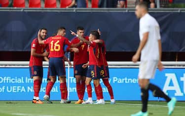 ENSCHEDE, NETHERLANDS - JUNE 15: Yeremy Pino of Spain celebrates with teammates after scoring the team's first goal during the UEFA Nations League 2022/23 semi-final match between Spain and Italy at FC Twente Stadium on June 15, 2023 in Enschede, Netherlands. (Photo by Christopher Lee - UEFA/UEFA via Getty Images)
