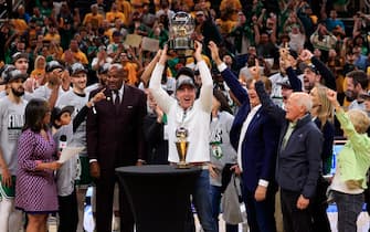 INDIANAPOLIS, INDIANA - MAY 27: Owner of the Boston Celtics ‎Wyc Grousbeck hoists the Bob Cousy Trophy after winning Game Four of the Eastern Conference Finals at Gainbridge Fieldhouse on May 27, 2024 in Indianapolis, Indiana. NOTE TO USER: User expressly acknowledges and agrees that, by downloading and or using this photograph, User is consenting to the terms and conditions of the Getty Images License Agreement. (Photo by Justin Casterline/Getty Images)