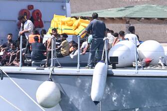 Migrants waiting on ships moored in port empedocle (Lampedusa) to be transferred to other destinations, 18 September 2023. ANSA/CIRO FUSCO