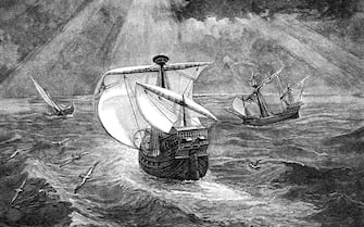 Copyright has expired on this artwork. From my own archives, digitally restored.
La Santa María (La Gallega) was the largest of the three ships used by Christopher Columbus in his first voyage across the Atlantic Ocean in 1492.