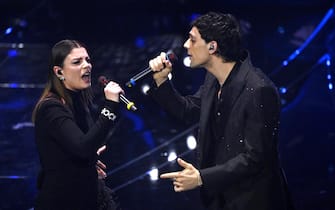 Italian singers Emma (L) with Bresh perform on stage at the Ariston theatre during the 74th Sanremo Italian Song Festival, Sanremo, Italy, 09 February 2024. The music festival will run from 06 to 10 February 2024. ANSA/RICCARDO ANTIMIANI