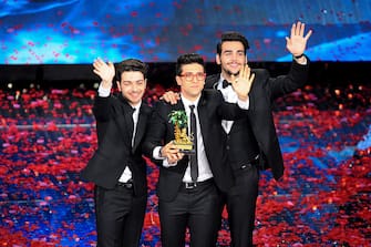 SANREMO, ITALY - FEBRUARY 14:  Italian operatic pop trio Il Volo, winner of the 65th Italian Music Festival in Sanremo, poses with the trophy at the Ariston theatre during the closing night on February 14, 2015 in Sanremo, Italy  (Photo by Venturelli/Getty Images)