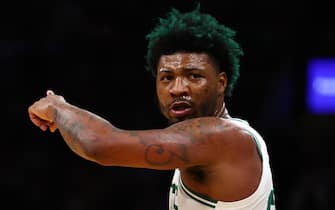 BOSTON, MASSACHUSETTS - JUNE 16: Marcus Smart #36 of the Boston Celtics reacts against the Golden State Warriors during the first quarter in Game Six of the 2022 NBA Finals at TD Garden on June 16, 2022 in Boston, Massachusetts. NOTE TO USER: User expressly acknowledges and agrees that, by downloading and/or using this photograph, User is consenting to the terms and conditions of the Getty Images License Agreement. (Photo by Elsa/Getty Images)