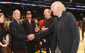 LOS ANGELES, CA - APRIL 28: Jack Nicholson shakes hands with Larry David at a game between the Memphis Grizzlies and the Los Angeles Lakers during Round 1 Game 6 of the 2023 NBA Playoffs on April 28, 2023 at Crypto.Com Arena in Los Angeles, California. NOTE TO USER: User expressly acknowledges and agrees that, by downloading and/or using this Photograph, user is consenting to the terms and conditions of the Getty Images License Agreement. Mandatory Copyright Notice: Copyright 2023 NBAE (Photo by Tyler Ross/NBAE via Getty Images) 
