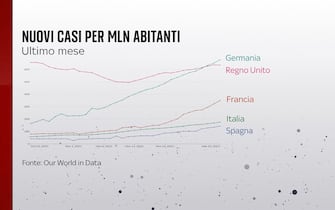 Grafiche coronavirus: i nuovi casi nell'ultimo mese nei diversi Paesi