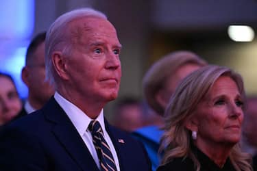 US President Joe Biden and First Lady Jill Biden attend the NATO 75th Anniversary Celebratory Event at the Mellon Auditorium in Washington, DC, on July 9, 2024. (Photo by Jim WATSON / AFP)