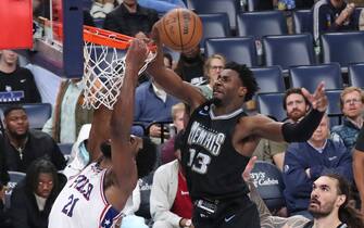 MEMPHIS, TN - DECEMBER 2: Jaren Jackson Jr. #13 of the Memphis Grizzlies blocks the shot of Joel Embiid #21 of the Philadelphia 76ers on December 2, 2022 at FedExForum in Memphis, Tennessee. NOTE TO USER: User expressly acknowledges and agrees that, by downloading and or using this photograph, User is consenting to the terms and conditions of the Getty Images License Agreement. Mandatory Copyright Notice: Copyright 2022 NBAE (Photo by Joe Murphy/NBAE via Getty Images)