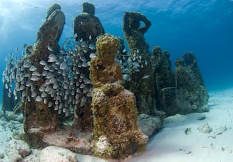 Largest underwater museum located in Cancun Mexico caribbean sea, sculptures made out of real people to drive away tourism from natural reefs and create an artificial reef. (Photo by: Luis Javier Sandoval/VW Pics/Universal Images Group via Getty Images)