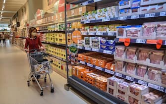 Carrello spesa lungo i banchi del supermercato - Apertura nuovo supermercato punto vendita  Lidl in via delle Forze Armate 314, Milano 1 Luglio 2020  Ansa/Matteo Corner
