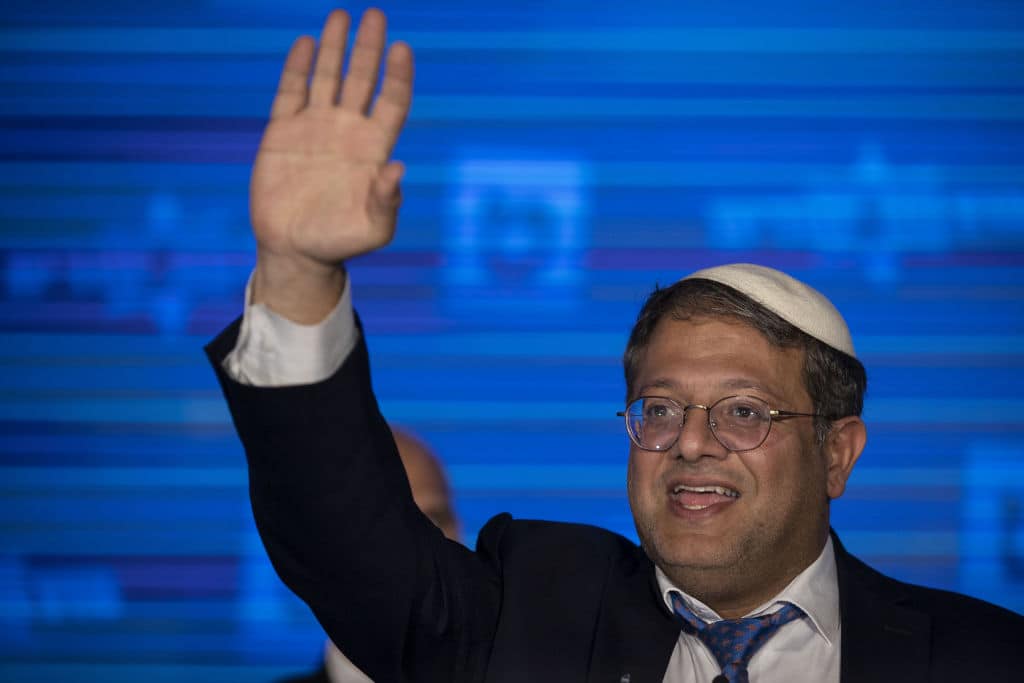 JERUSALEM - NOVEMBER 02: Leader of Israel's Otzma Yehudit (Jewish Power) far-right party Itamar Ben Gvir makes a speech following the IsraelÃ¢s general elections in Eastern Jerusalem on November 02, 2022. Israeli polling stations closed after seeing the highest voter turnout for general elections since 1999, according to electoral authorities. (Photo by Mostafa Alkharouf/Anadolu Agency via Getty Images)