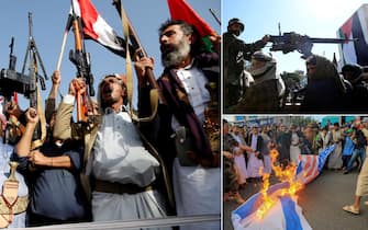 Ribelli filo-iraniani Houthi in protesta mentre bruciano le bandiere d'Israele e degli Stati Uniti