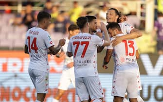 Monzaâ  s Bosnian forward Milan Djuric celebrates after scoring a goal during the Serie A football match Fiorentina vs Monza at Artemio Franchi Stadium on September 31, 2024, in Florence.