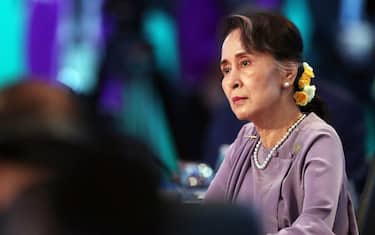 Myanmar State Counsellor Aung San Suu Kyi attends the Leaders Plenary Session of the Association of Southeast Asian Nations (ASEAN)-Australia Special Summit in Sydney on March 18, 2018. The ASEAN-Australia Special Summit 2018 aims to further deepen economic cooperation, political dialogue and strengthen regional security. (Photo by Mark Metcalfe / POOL / AFP)