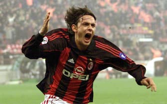 I53 - 20011122 - MILAN, ITALY : Filippo Inzaghi of Milan jubilates after scoring the second goal of his team against Sporting Lisboa during their UEFA soccer match late Thursday 22 November 2001. Milan won 2-0.   EPA PHOTO ANSA/CARLO FERRARO/pal-BW