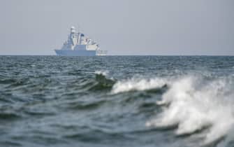 epa10650087 Italian missile destroyer Caio Duilio sails from the port of Gdynia, northern Poland, 24 May 2023. The ship, which arrived in Gdynia on 20 May, will strengthen the anti-aircraft and anti-missile defense of the Polish coast.  EPA/Adam Warzawa POLAND OUT