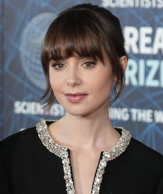 Lily Collins arrives at the 9th Annual Breakthrough Prize Ceremony held at the Academy Museum of Motion Pictures in Los Angeles, CA on Saturday, ​April 15, 2023. (Photo By Sthanlee B. Mirador/Sipa USA)