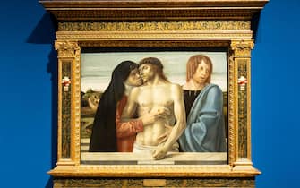 Milan, Italy - 23 September 2023: Brera antique painting museum. The pity, Pietà, by Giovanni Bellini, 1460
