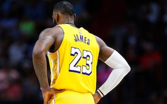 MIAMI, FLORIDA - DECEMBER 13:  LeBron James #23 of the Los Angeles Lakers reacts against the Miami Heat during the second half at American Airlines Arena on December 13, 2019 in Miami, Florida. NOTE TO USER: User expressly acknowledges and agrees that, by downloading and/or using this photograph, user is consenting to the terms and conditions of the Getty Images License Agreement (Photo by Michael Reaves/Getty Images)