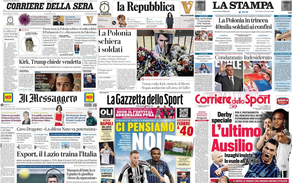 Le prime pagine dei quotidiani di oggi 12 settembre: la rassegna stampa Le prime pagine dei quotidiani di oggi 12 settembre: la rassegna stampa