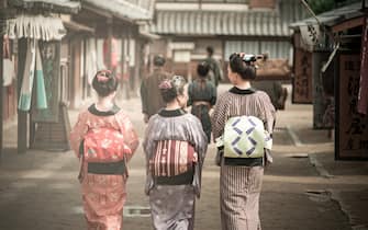 Traditional historic Japanese village from 19th century with authentic people