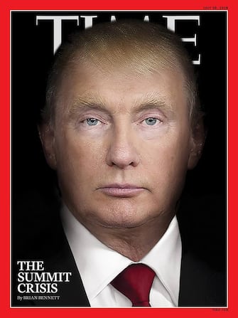 La copertina del magazine 'TIME' dedicata una sovrapposizione tra una foto di Trump e e l'altra di  Putin.
ANSA/TIME  EDITORIAL USE ONLY NO SALES