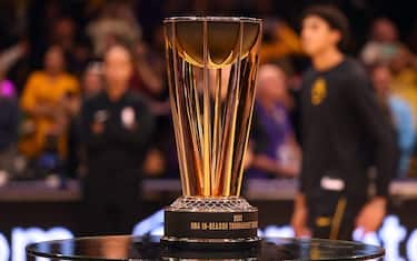 LOS ANGELES, CALIFORNIA - DECEMBER 18: In-Season Tournament trophy before the game between the New York Knicks and the Los Angeles Lakers at Crypto.com Arena on December 18, 2023 in Los Angeles, California. NOTE TO USER: User expressly acknowledges and agrees that, by downloading and or using this photograph, User is consenting to the terms and conditions of the Getty Images License Agreement. (Photo by Harry How/Getty Images)