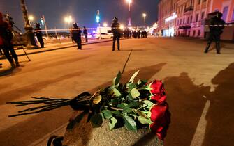 RUSSIA, ST PETERSBURG - APRIL 2, 2023: Floral tributes lie at the scene of an exposion at the Strit-Bar cafe on Universitetskaya Embankment, war correspondent Vladlen Tatarsky reported dead, another 16 injured, the glass facade smashed within an area of 15sqm. Alexander Demianchuk/TASS/Sipa USA